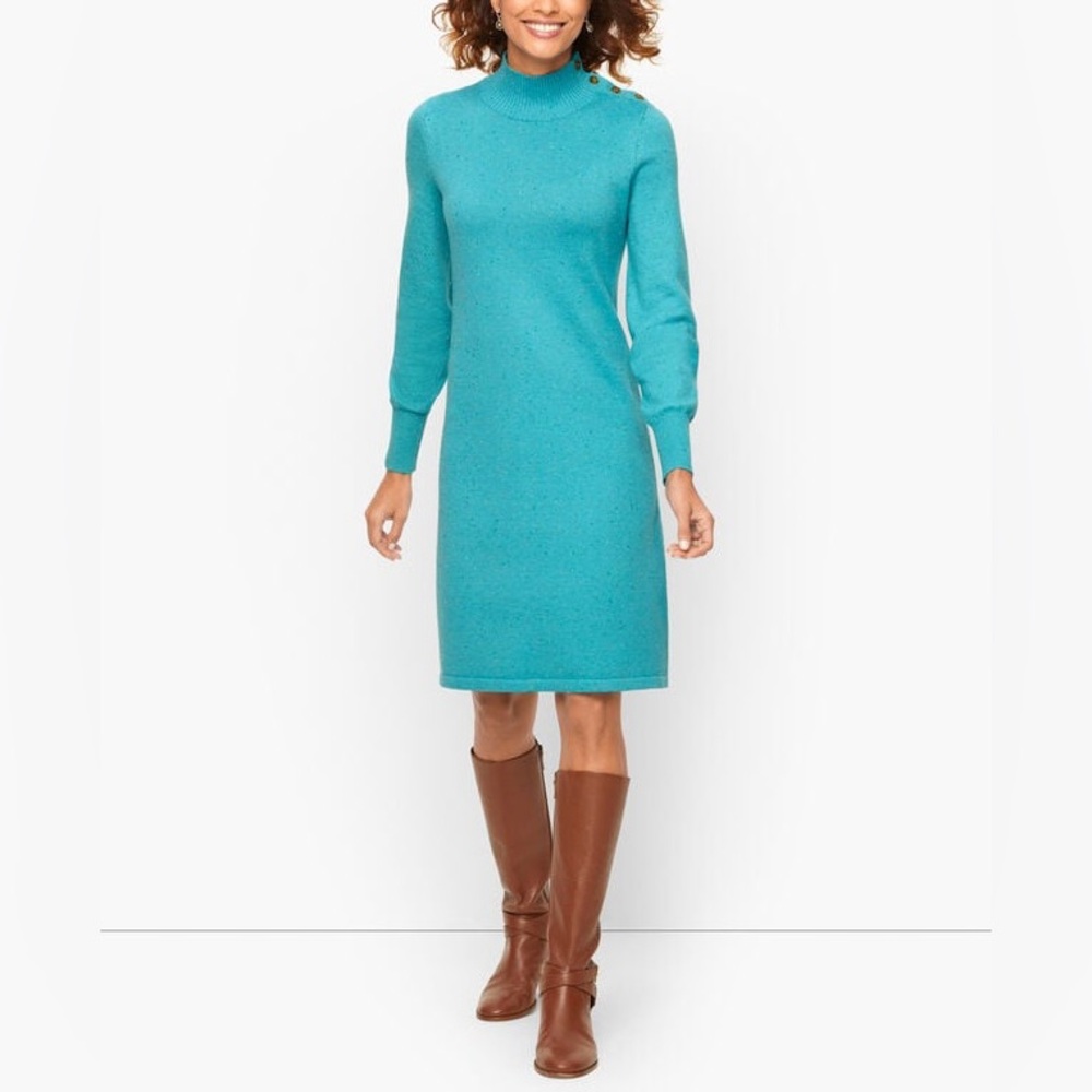 Talbots Tweed Mock Neck Sweater Dress Shift Turquoise Confetti SZ Extra Large